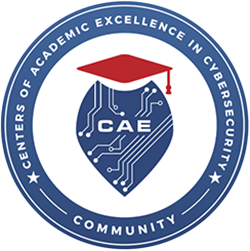 Circular blue badge with white text reading