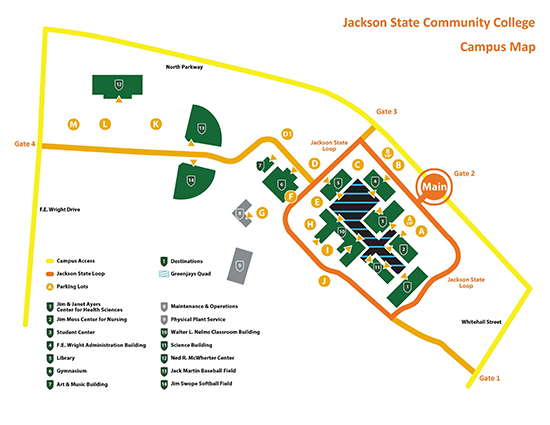 Jackson State Community College campus map showing labeled buildings A through N, parking areas, campus access roads, and destinations such as the Greenway Quad, bordered by North Parkway, FE Wright Drive, and Whitehall Street