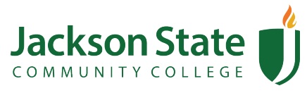 Horizontal Jackson State Community College logo with green text and a green shield featuring a white curved line and an orange flame.
