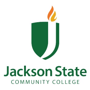Vertical Jackson State Community College logo with green text and a green shield featuring a white curved line and an orange flame.