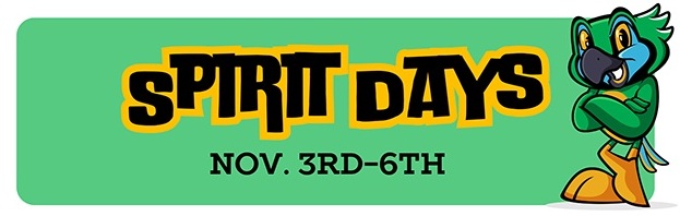 Green banner that says JSCC Homecoming 2025 Spirit Days are November 3-6. Jax the Green Jay poses on the right.