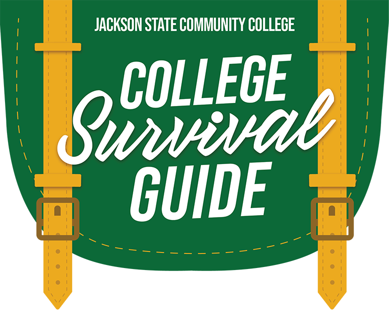 Illustrated graphic with a green background and yellow backpack straps and buckles. Text reads: 'Jackson State Community College College Survival Guide' in bold white lettering, with 'Survival' written in a script-style font.