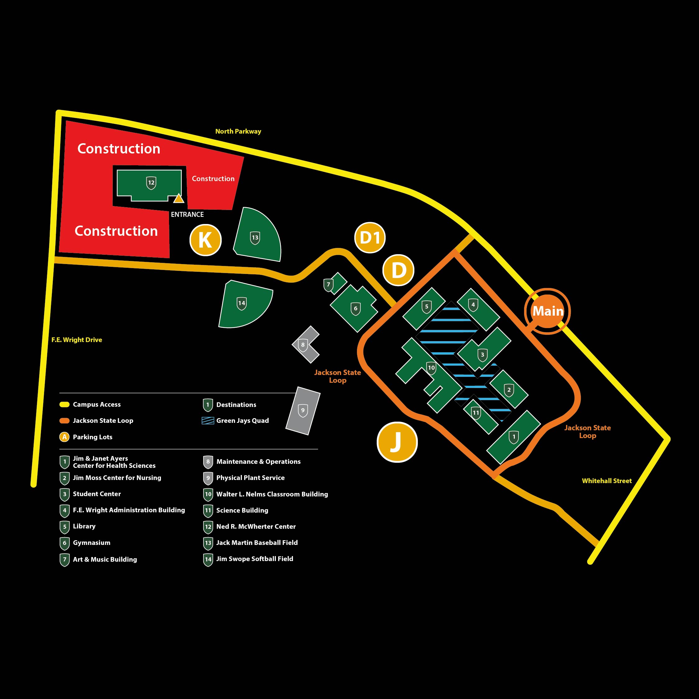 Map of Jackson State Commmunity College showing student parking lots J, D, D1, and K available for students to park.