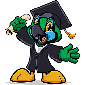 JSCC mascot Jax wearing a graduation cap and gown
