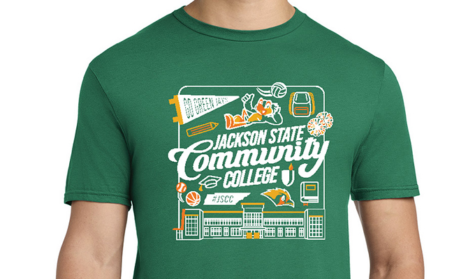 Shirt Design for the 2025 Homecoming Celebration at JSCC featuring a green t-shirt featuring a white and orange graphic design that reads “Jackson State Community College” with “Go Green Jays!” and “#JSCC.” The artwork includes illustrations of a cheerleader, graduation cap, basketball, football, and the college’s campus buildings, representing school spirit and community pride.